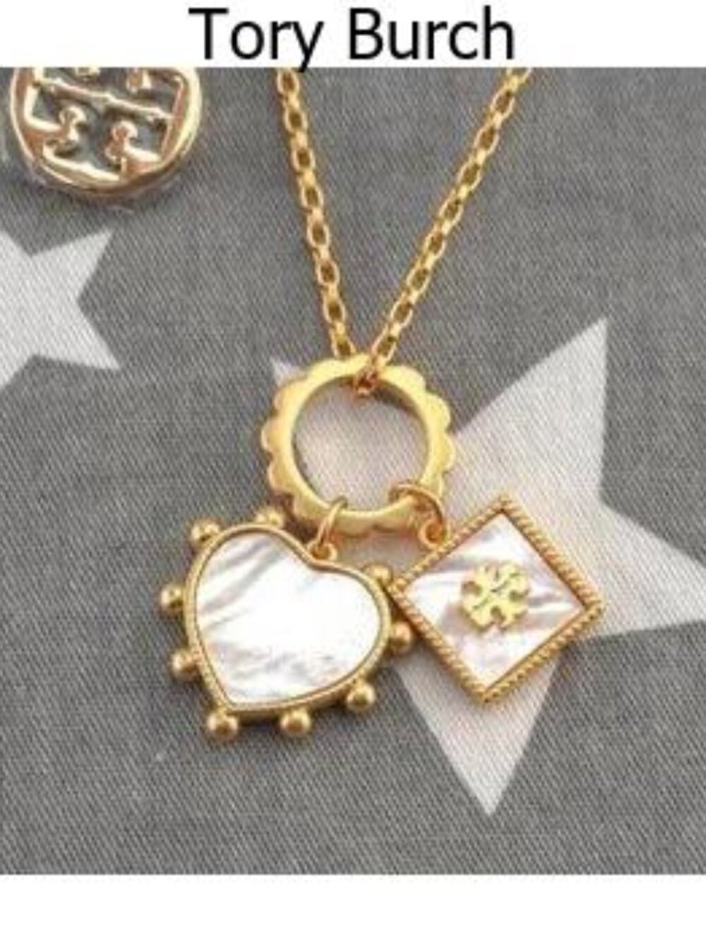 Tory Burch Heart and Square Charm Necklace in Mother of Pearl (Brand New)
